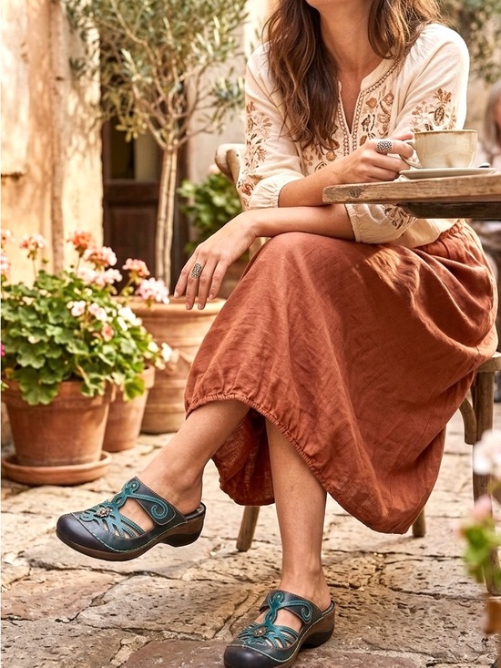 L'artiste Shoes - L'Artiste by Spring Step Flochino Teal Turquoise Leather Floral Clogs Mules 37